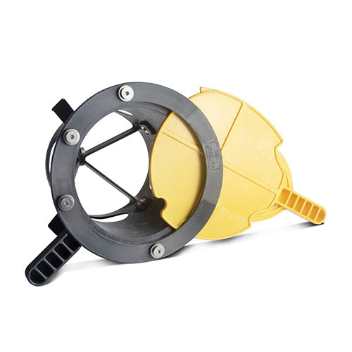 Underneath view of a dark grey and yellow jumbo vidbag bulk bag dispenser with a yellow handle on a white background