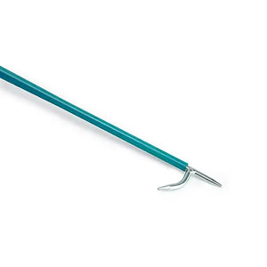Teal rod with a metal hook on a white background