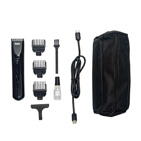 Set of grooming tools including a hair clipper, attachments, and a carrying case on a white background.
