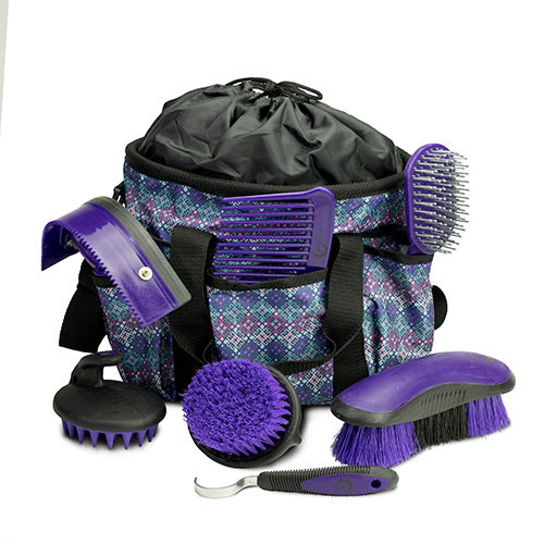 Set of horse grooming tools including a bag, brushes, and a curry comb on a white background.