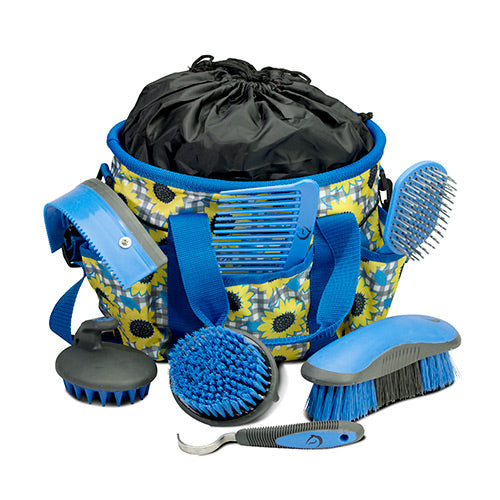 Grooming kit with blue and black tools and a floral-patterned bag on a white background