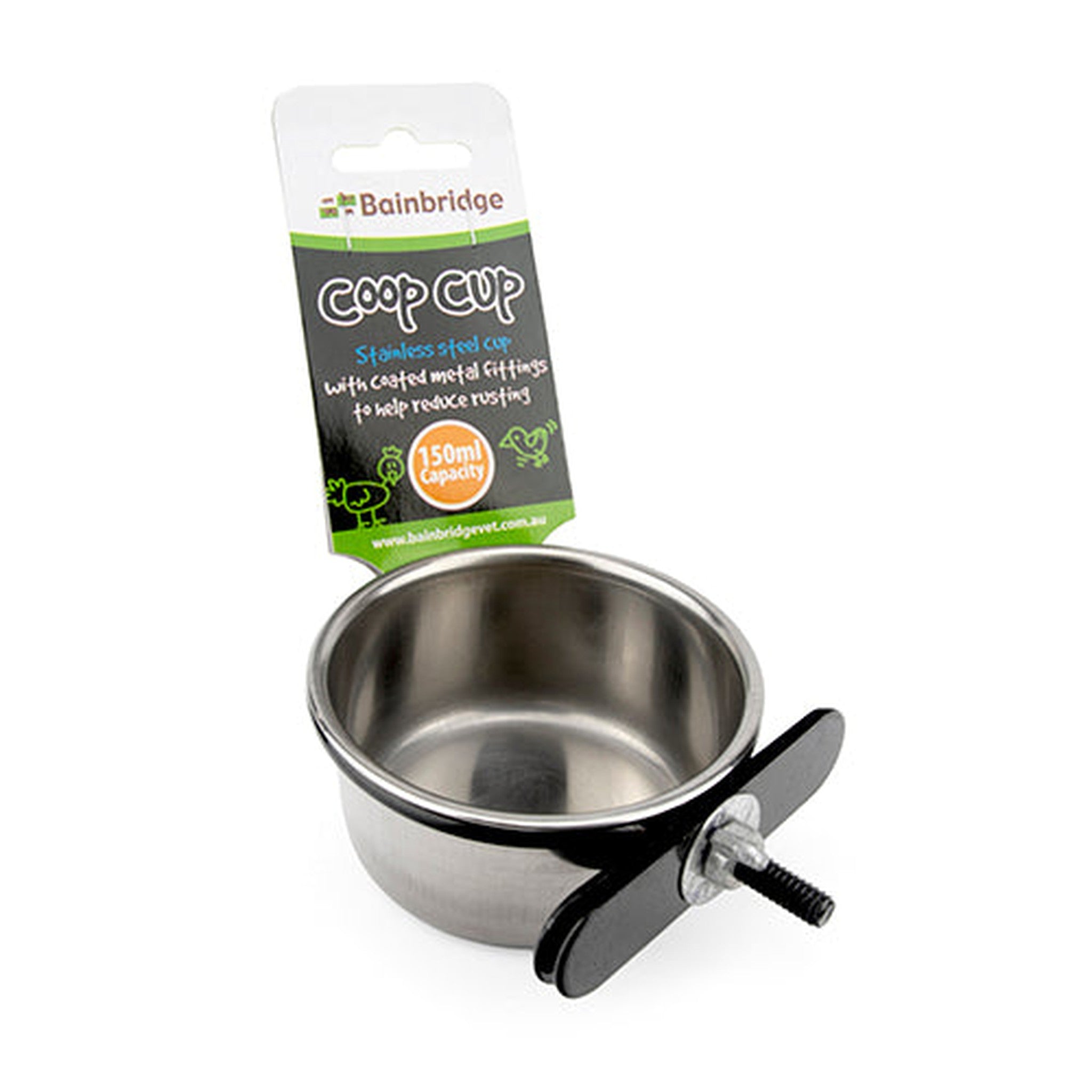 Coop Cup Stainless Steel with Clamp Holder Animal Accessories Bainbridge Pty Ltd 150ml