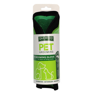 Pet grooming glove packaging with Oakwood branding on a white background