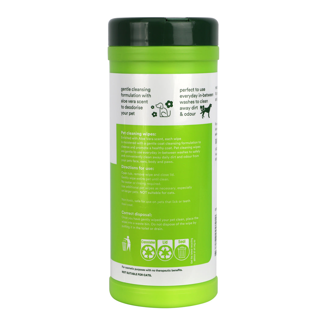 Green dog cleaning wipe product container with label on a white background
