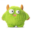 Green plush toy with large eyes and brown horns on a white background