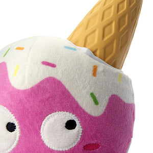 Plush toy shaped like a pink ice cream cone with a face on a white background