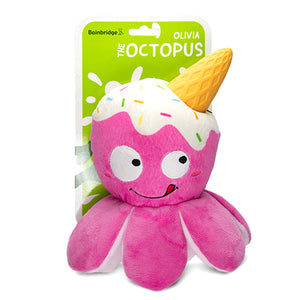Pink plush octopus toy with ice cream cone on a white background