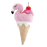 Plush toy shaped like a flamingo in an ice cream cone on a white background