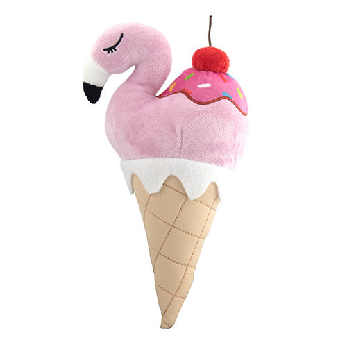 Plush toy shaped like a flamingo in an ice cream cone on a white background