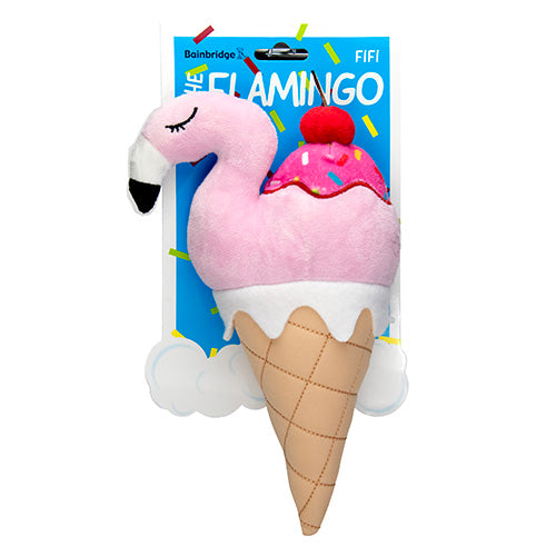 Plush flamingo ice cream cone toy with packaging on a white background
