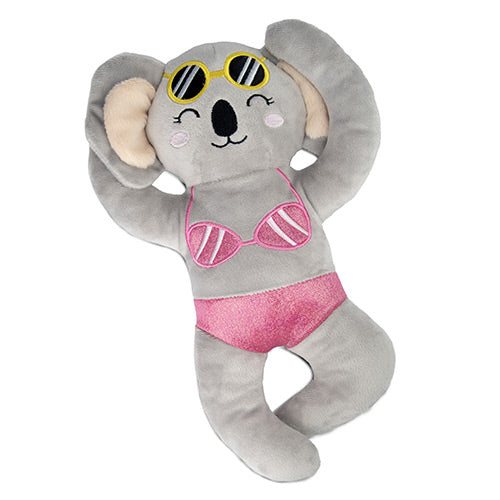 Plush toy koala wearing sunglasses and a pink outfit on a white background