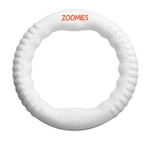 White dog toy ring with 'Zoomies' branding on a white background