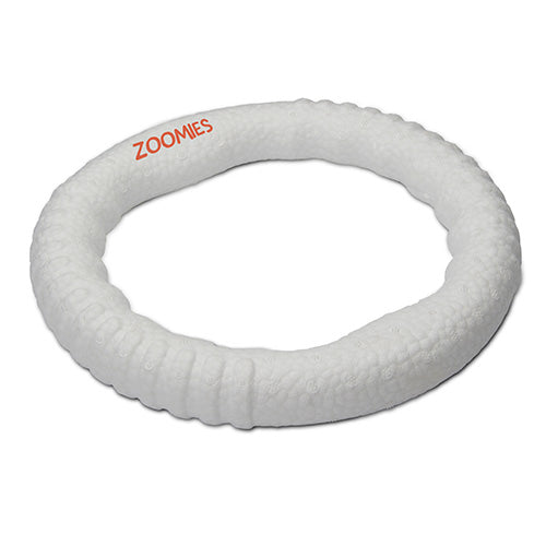 White dog toy ring with 'Zoomies' branding on a white background