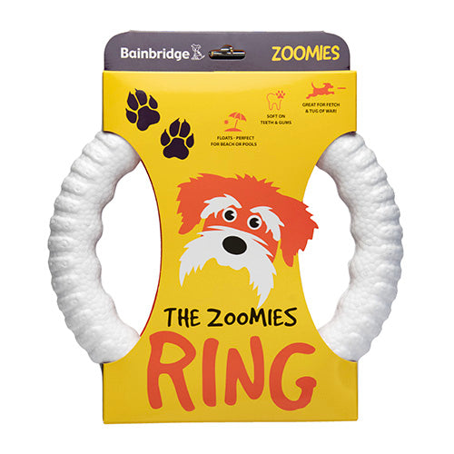Dog toy packaging with 'The Zoomies Ring' on a yellow background