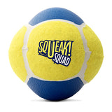 Yellow and blue tennis ball with 'SQUEAK! SQUAD' text on a white background
