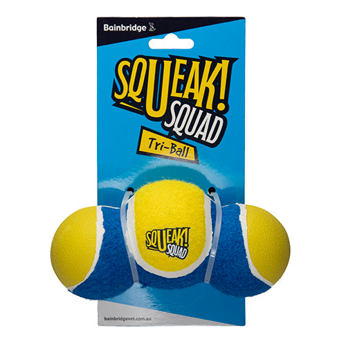 Packaged Squeak Squad Tri-Ball toy with blue background