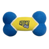 Blue and yellow dog toy with 'Squeak Squad' text on a white background