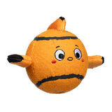 Plush toy fish with a cartoon face on an orange background