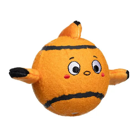 Plush toy fish with a cartoon face on an orange background