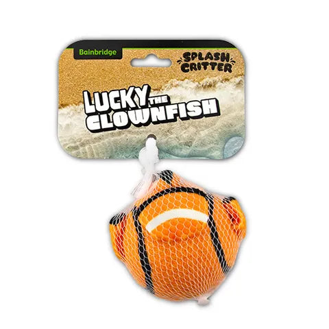 Orange clownfish toy in a mesh bag with 'Bainbridge' and 'Splash Critter' branding on a white background.