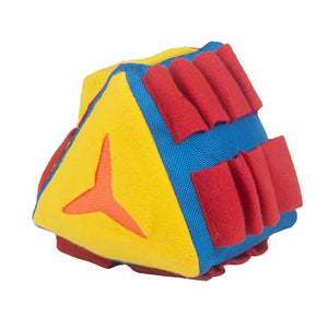 Colourful dog treat interactive toy with red pockets on a white background