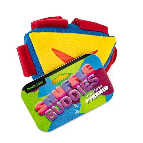 Colorful plush toy pyramid with 'snuffle buddies' branding on a white background
