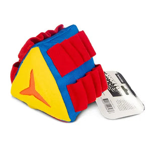 Colourful dog treat interactive toy with red pockets on a white background