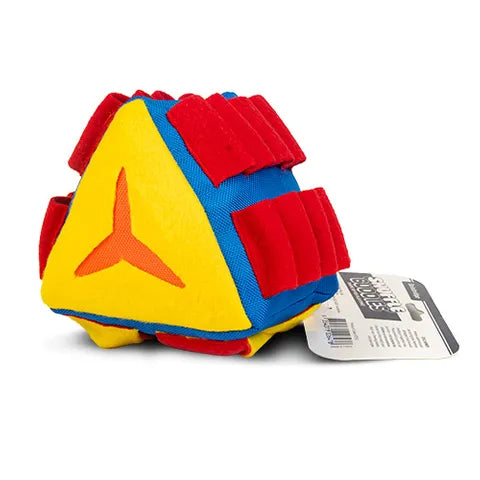 Colorful triangular dog toy with a brand label on a white background