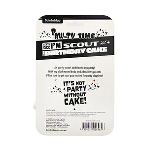 Product packaging for a dog toy labeled 'I'm Scout the Birthday Cake' with text on a white background.