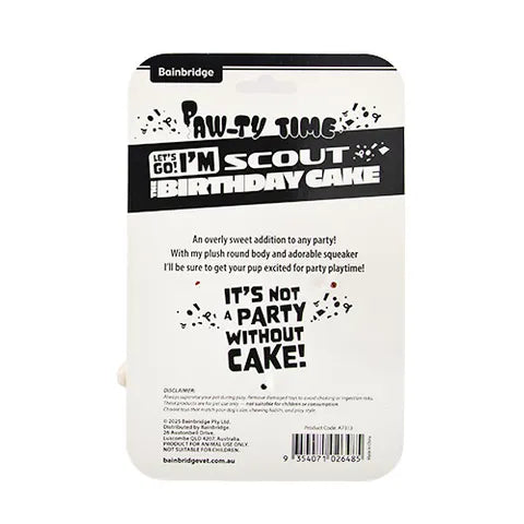 Product packaging for a dog toy labeled 'I'm Scout the Birthday Cake' with text on a white background.