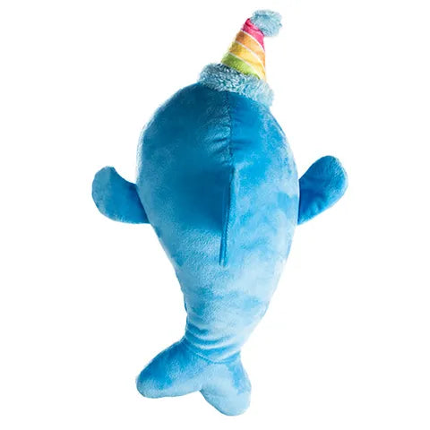 Blue plush toy with a colorful party hat on a white background