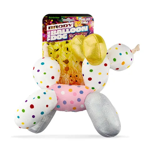Plush dog toy shaped like a balloon dog with polka dot design, featuring a package labeled 'Brody the Balloon Dog'. 