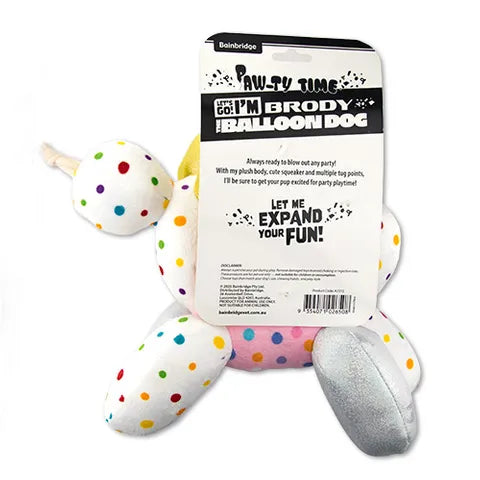 Polka dot balloon dog toy with packaging on a white background