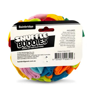 Colorful snuffle buddies packaging with Bainbridge branding on a white background