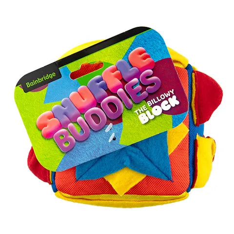 Colorful dog toy with 'Snuffle Buddies' branding on a white background