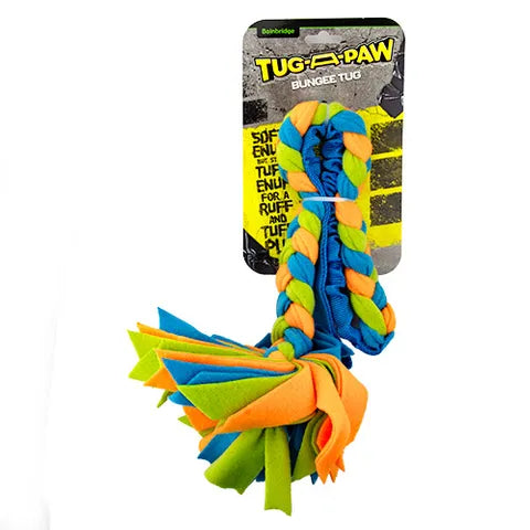 Colorful dog toy with bungee feature on a white background
