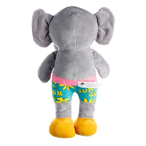 Plush elephant toy with colorful shorts on a white background