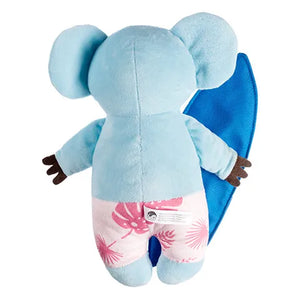 Blue plush koala toy for dogs with a floral pattern on a white background