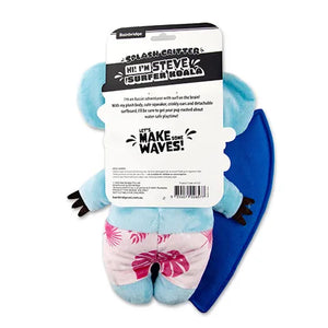 Plush toy koala with a surfboard, featuring a Bainbridge label on a white background