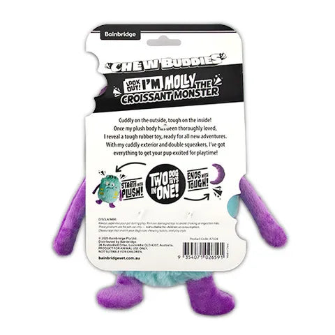 Dog toy packaging with text and branding on a white background