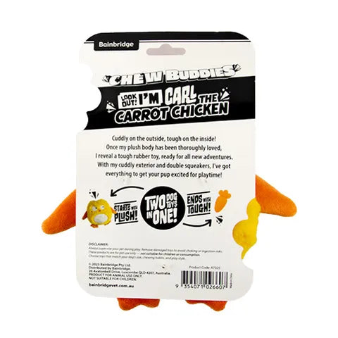 Packaging of a plush toy resembling a chicken with text on a white background