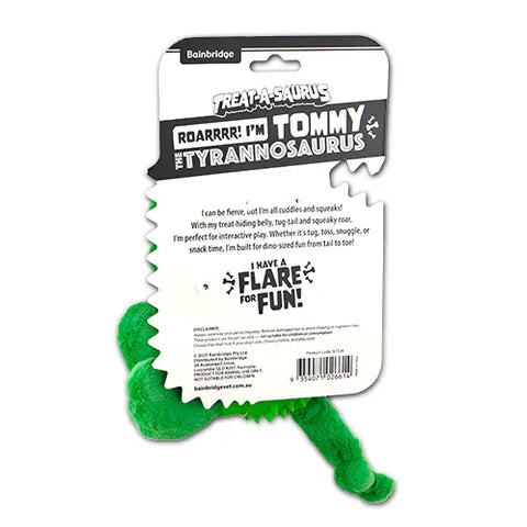 Green dinosaur-shaped toy with packaging on a white background