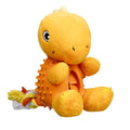 Orange plush toy with a dinosaur-like design on a white background