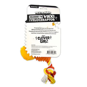 Dinosaur dog toy with packaging featuring text and branding on a white background