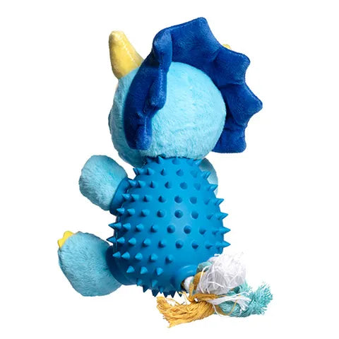 Blue textured dinosaur dog toy with yellow accents on a white background