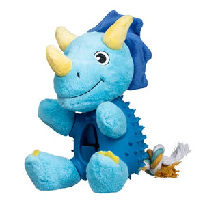 Blue plush dinosaur dog toy with yellow horns on a white background