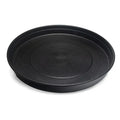 Black round chicken feeding tray with textured surface on a white background