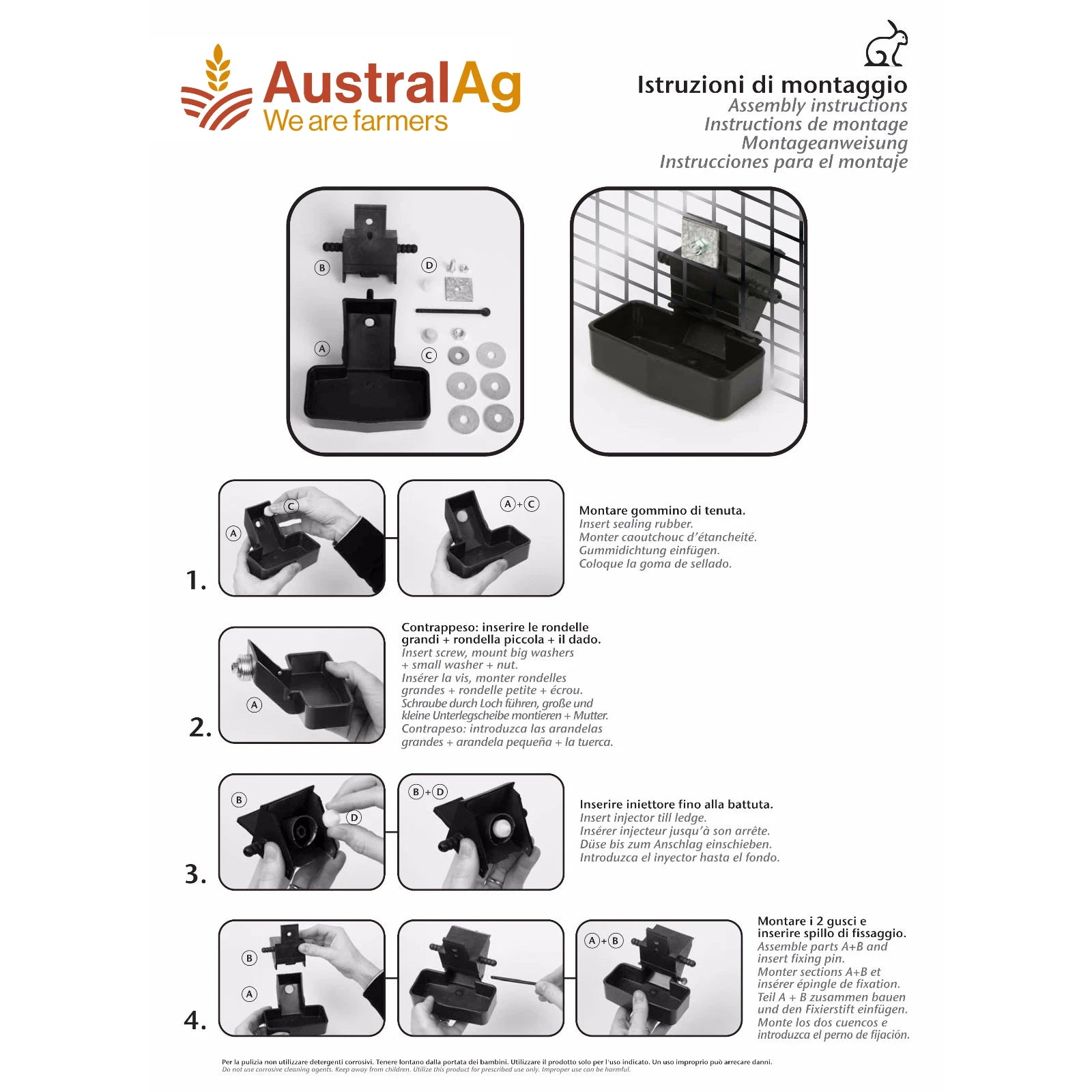 Assembly instructions for small animal automatic drinker with Austral Ag branding