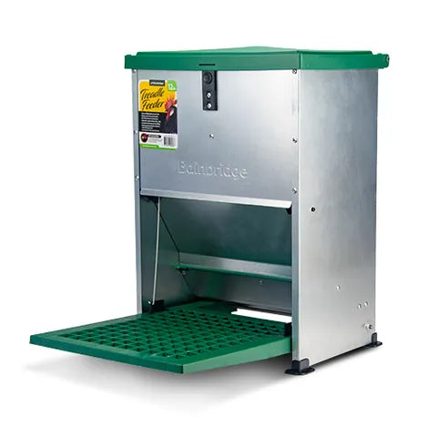 Metal and plastic chicken feeder with green top and green treadle platform on a white background