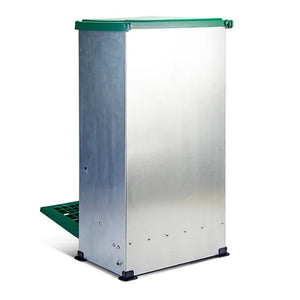 Metallic rectangular chicken feeder with a green top on a white background